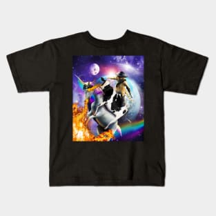 Space Galaxy Cowboy Cat On Cow Unicorn, Rainbow Fire Funny Kids T-Shirt